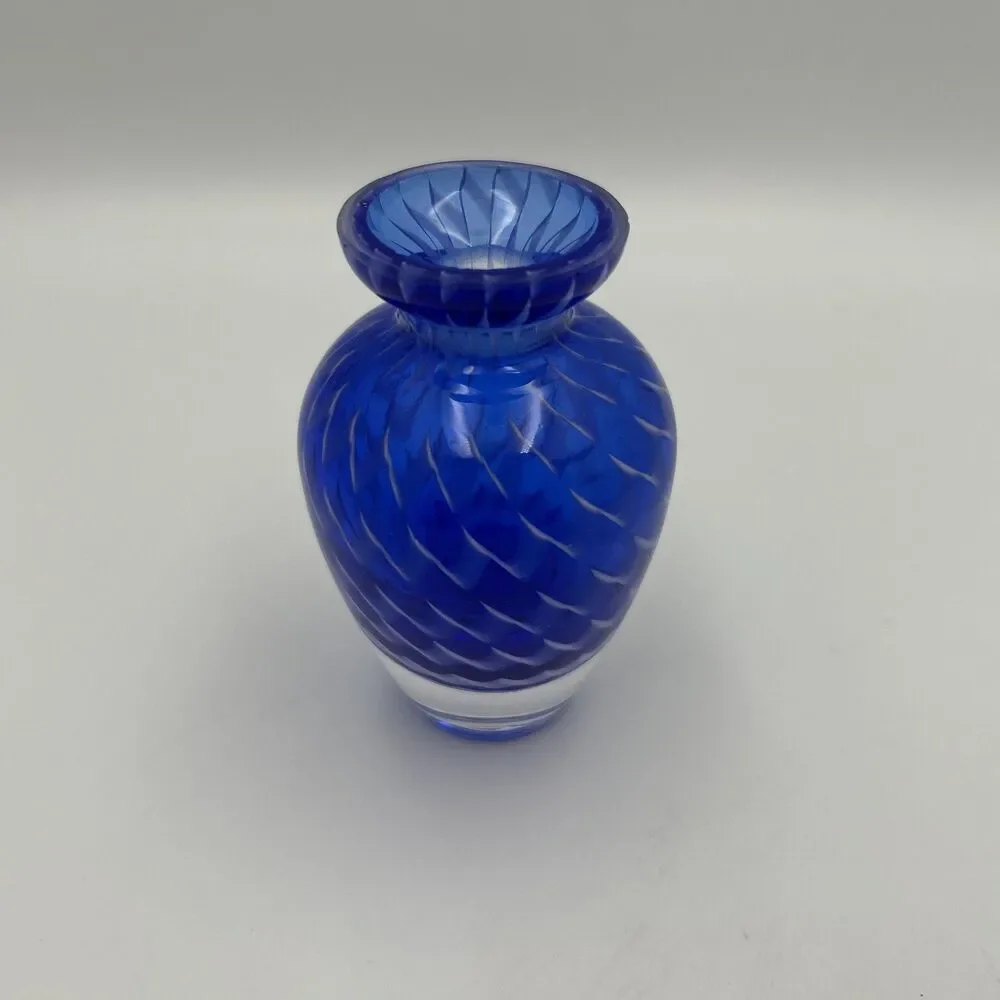 Art Glass Hand Blown White Cased Murano Style Bud Vase Blue White 4